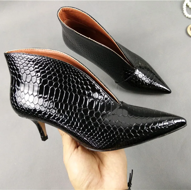 

Sexy Pointed Toe V Mouth Stilettos Women Ankle Boots Thin High Heel Shoes Women Snake Patent Leather Pumps Women Lady Boot Shoes