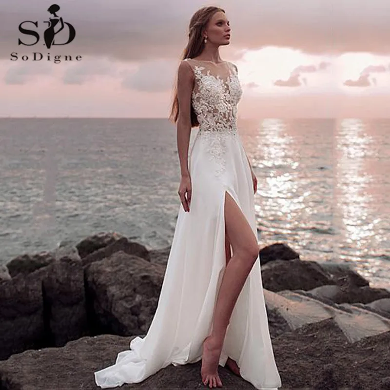 Шифоновые трапециевидные Свадебные платья Vestido de noiva Винтажный кружевной топ Тюлевая юбка Прозрачные Свадебные платья на пуговицах со шлейфом