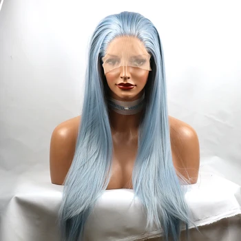 

Fantasy Beauty Hand Tied Blonde Blue Long Straight High Temperature Fiber Heat Resistant Glueless Synthetic Front Lace Wig