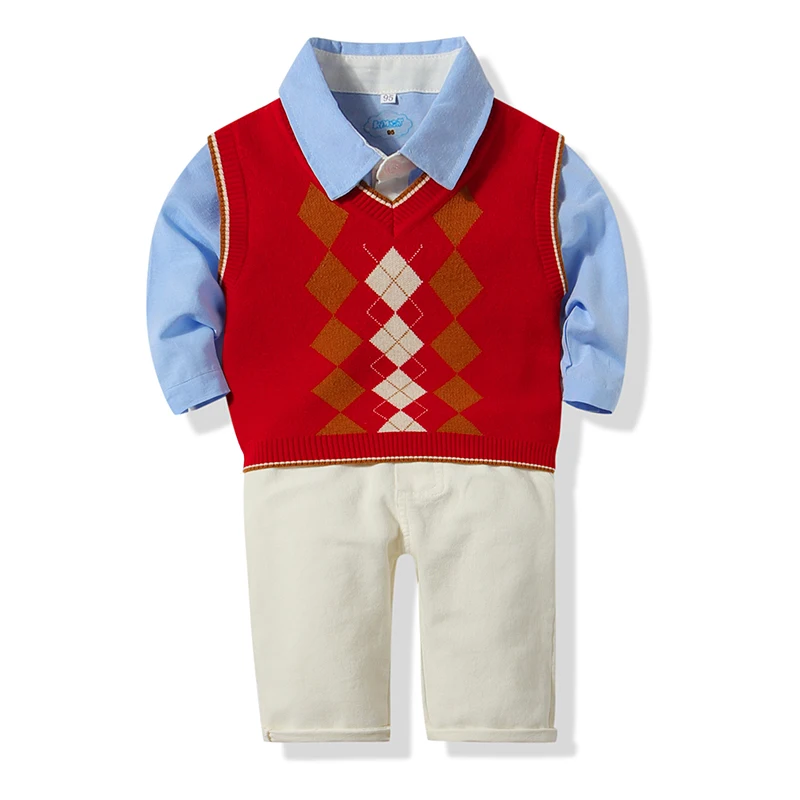 

Kimocat Baby Boy Clothes Boys Knit Vest+Shirt+Long Three-Piece Set Newborn Clothes Infant Boys Clothing Set