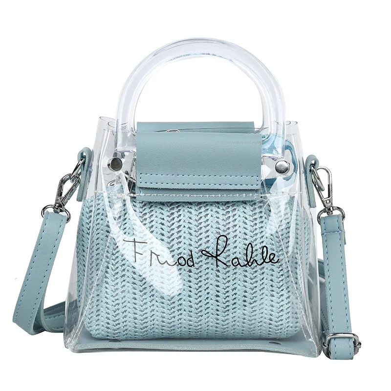 

Two Pieces Bags Transparent Pvc Straw Blue Handbag Crossbody Bags Female Sweet Small Handbags Designer Fashion Party Pink Pouch
