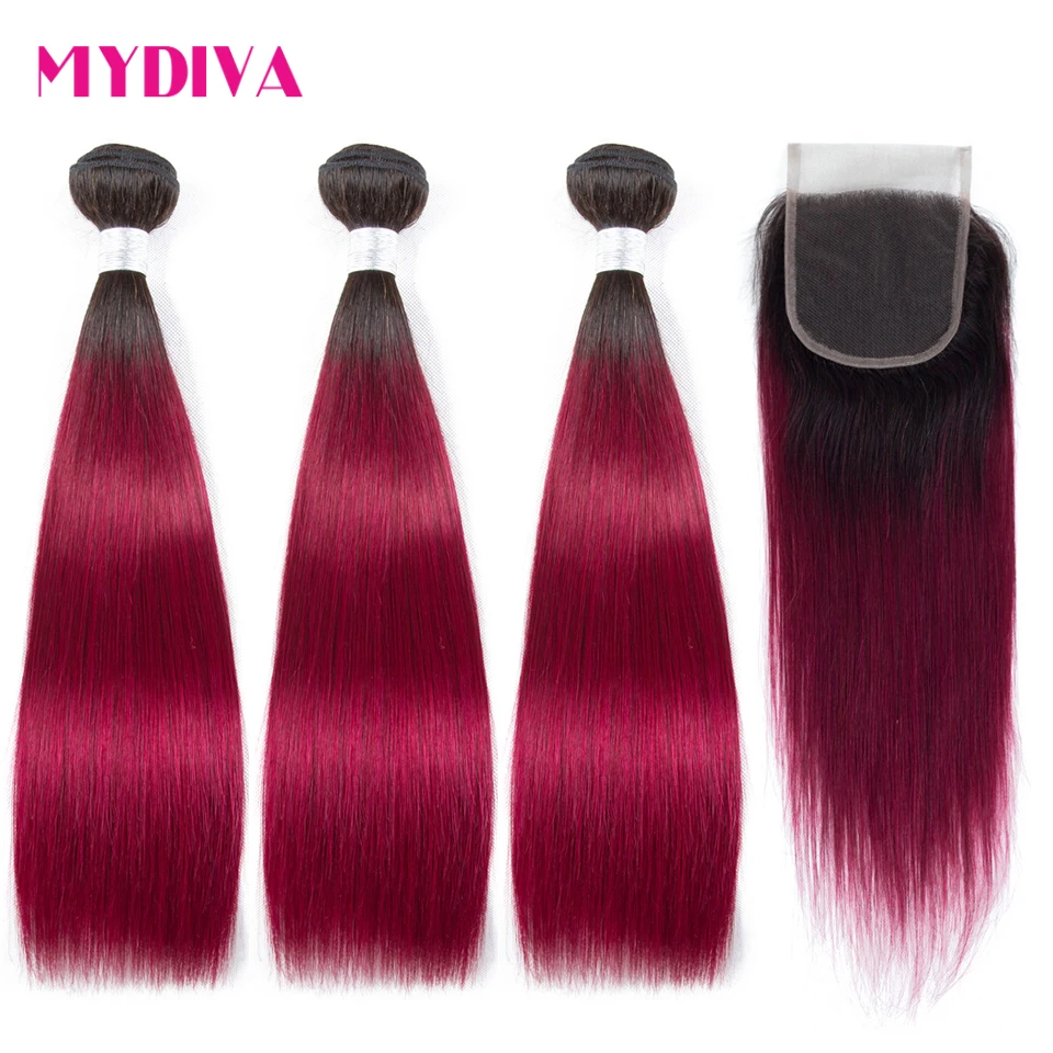 Бразильские темно-бордовый пучки с закрытием прямые Разноцветные шиньоны с закрытием не Реми человеческие волосы переплетения для наращивания Mydiva