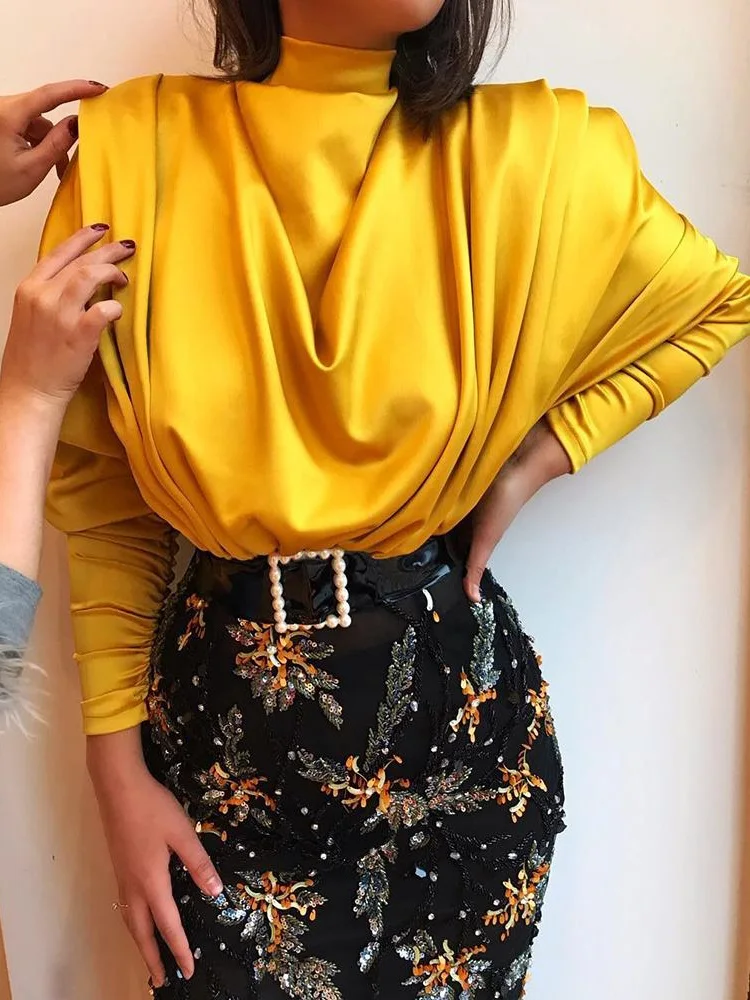 

2019 Autumn Women Elegant Yellow Solid Party Top Female OL style Casual Shirt High Neck Batwing Sleeve Drape Front Blouse