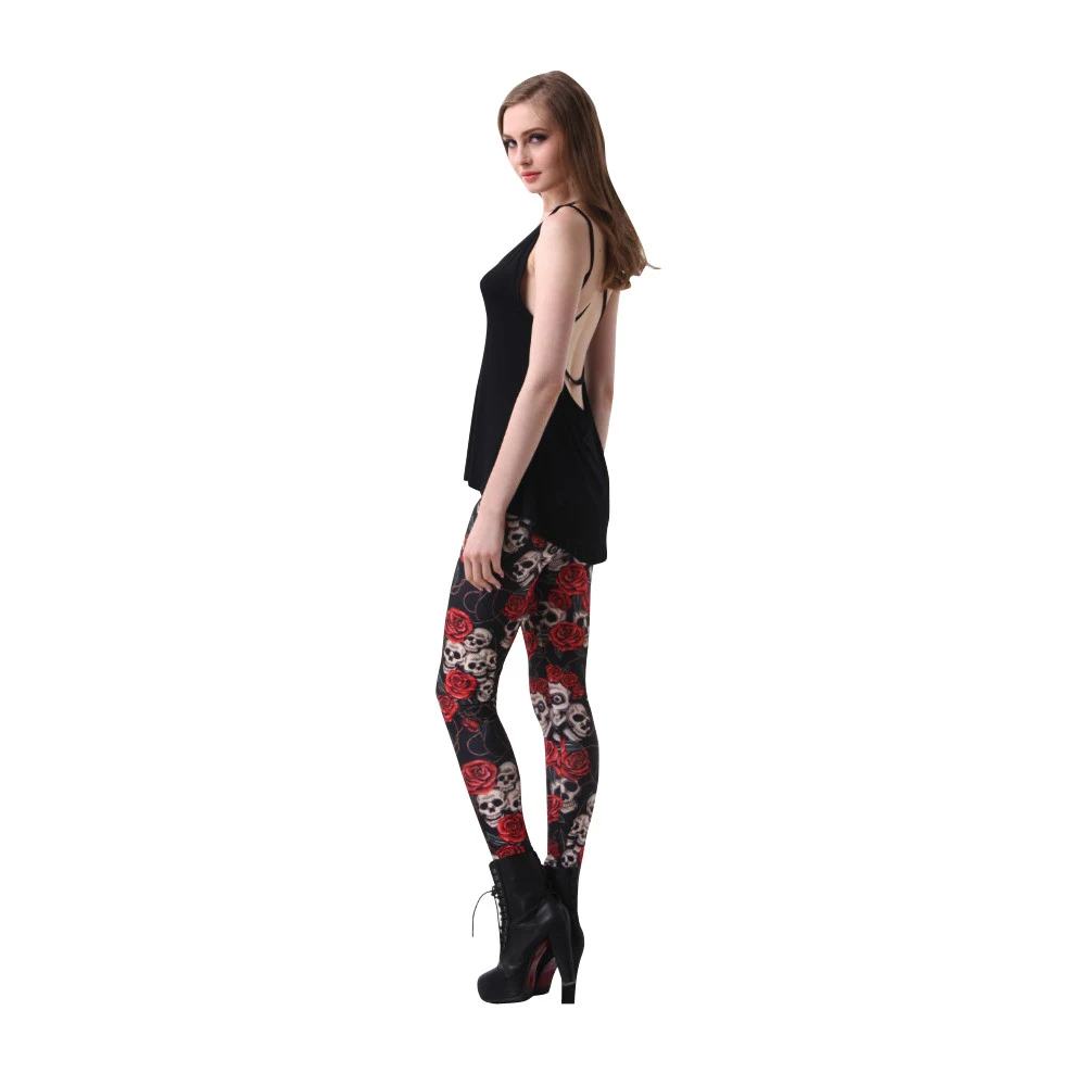 LEIMOLIS 3D printed fitness push up workout leggings women gothic retro red Rose Skull plus size High Waist punk rock pants