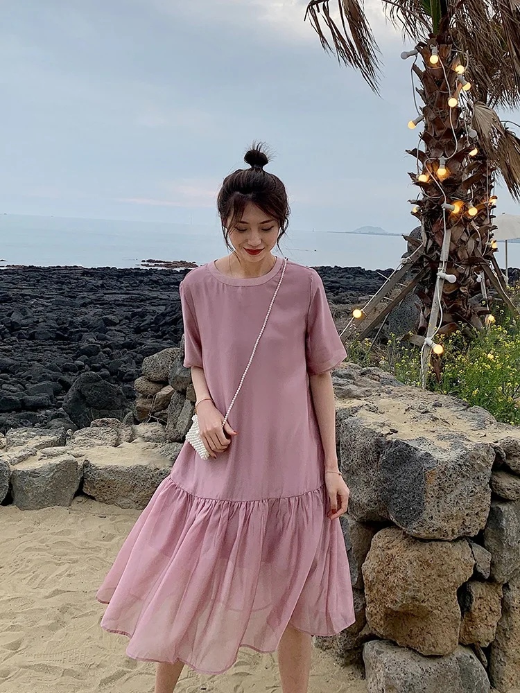 

Very Fairy of Dress Summer Short Sleeve Dress Fake Two-Piece Panel Skirt Gentle Fairy Skirt Short A- line bai da qun