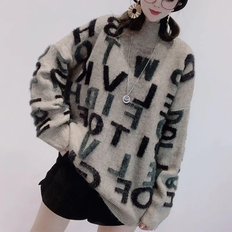 

Women's sweaters imitation mink sweater women's foreign style wear top loose in autumn and winter with half high collar knitwear