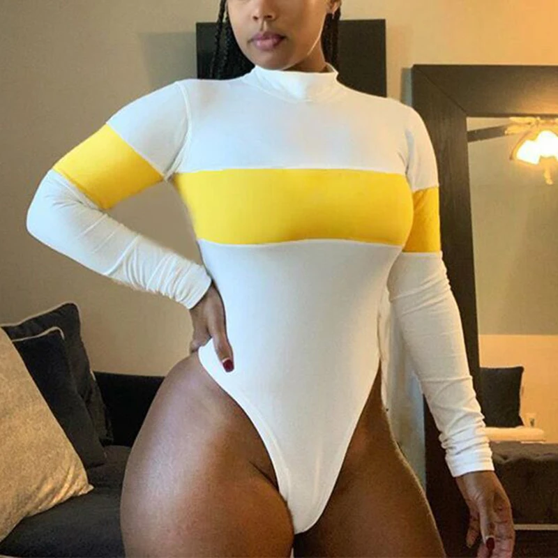 

2020 New Spring Long Sleeve Patchwork Color Bodysuits High Neck Fashion One Piece Overalls Women Slim Stretch Body Suit Clubwear