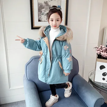 

Girls Parka Coat Fur Hoodies Cotton Padded Girl Coats Kids Flower Embroidery Girls Jackets Winter Children's Clothing Girl