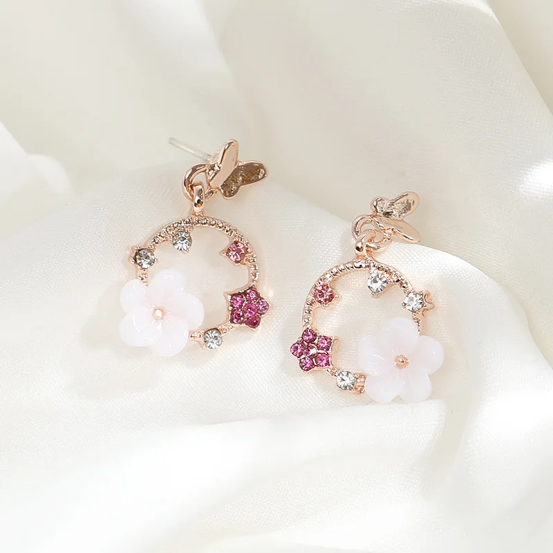 

2020 New Korean Colorful Rhinestone Crystal Butterfly Flower Circle Drop Earrings For Women Dliecate Boucle D'oreille Jewelry