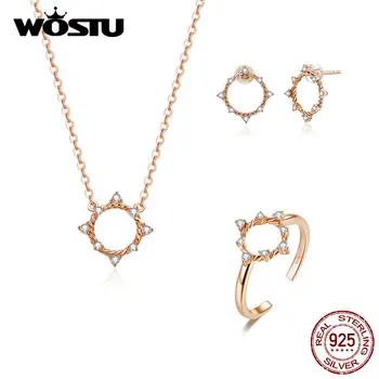 

WOSTU Authentic 925 Sterling Silver Shining Geometry Lucky Jewelry Set Necklace Earrings And Opening Ring For Women Making Gift