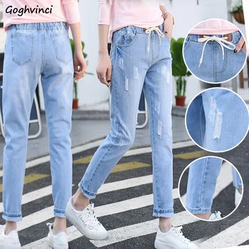 

Jeans Women Drawstring Plus Size 3XL Leisure Ripped Womens Chic High Waist Straight Solid Fashion Simple Harajuku All-match New