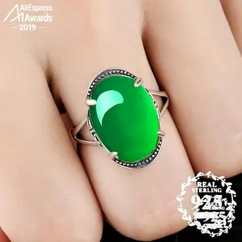 

10*14mm 6.18 Sale S925 Sterling Silver Australia Emerald Rings Jade moldevite Chinatown oriental Retro Chalcedony Jade
