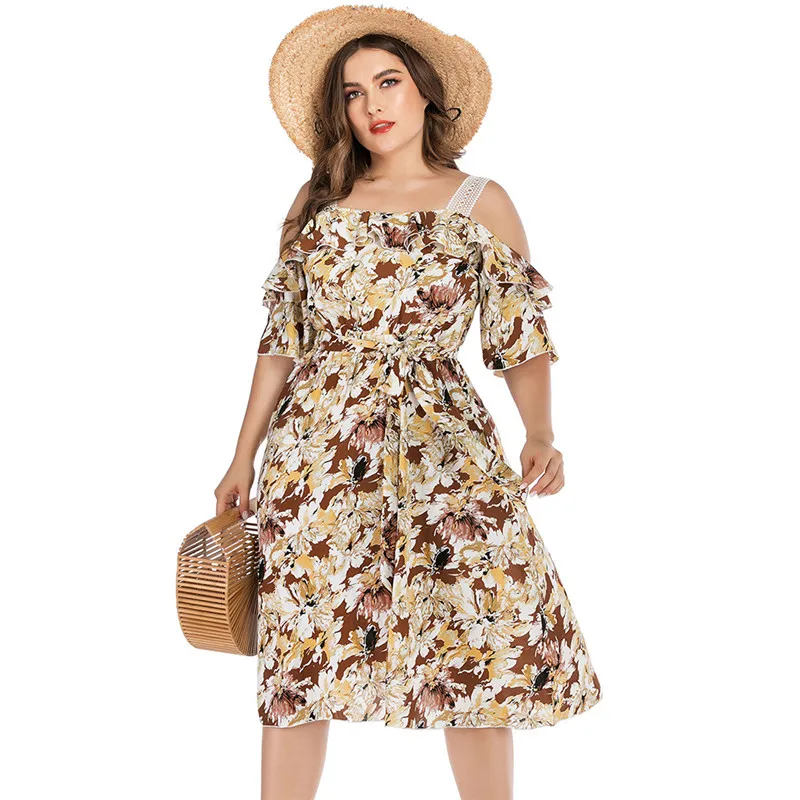 

WHZHM Summer Plus Size 3XL 4XL 5XL Party Dresses Ruffles Strap Sexy Female Sashes Flower Printed Vintage Floral Dress Ladies