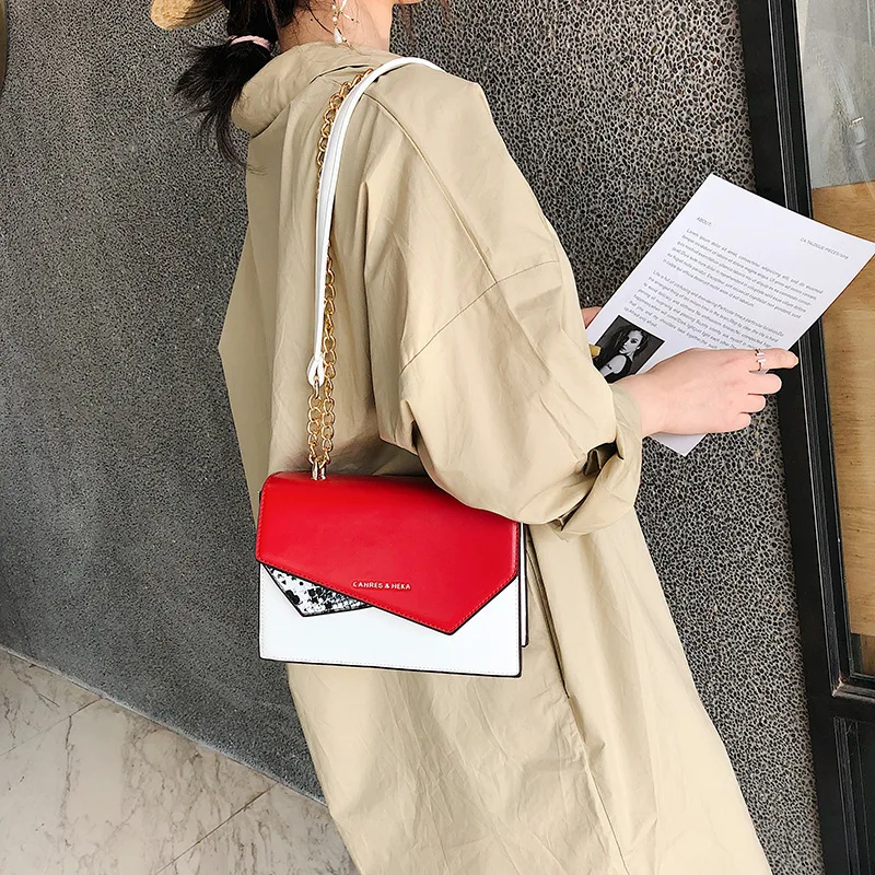 

New Style WOMEN'S Bag 2019 Korean-style Lizard Skin Irregular Simple Contrast Color Chain Shoulder Oblique Square Sling Bag