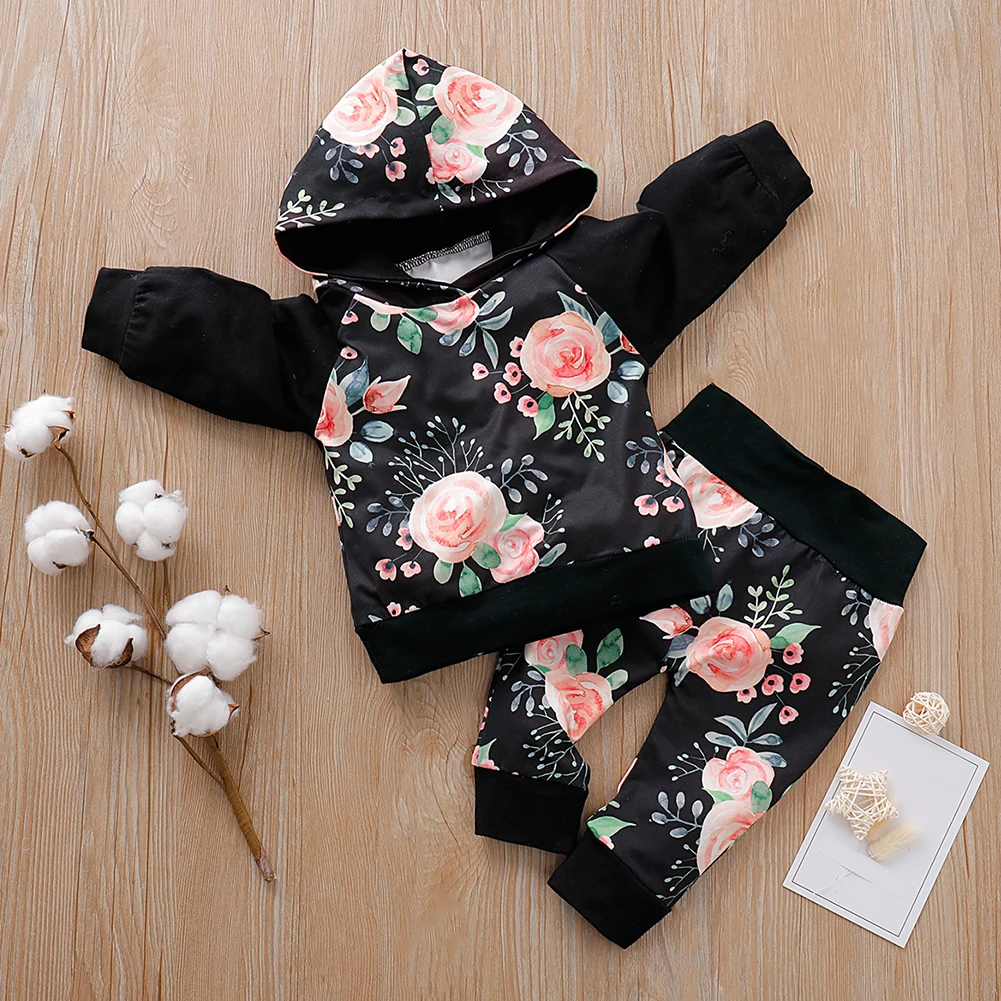 2PCS Long Pants Kids Autumn Comfortable Casual Fall Soft Floral Hooded Tops Warm Daily Toddler Infant Baby Girls Outfits Set