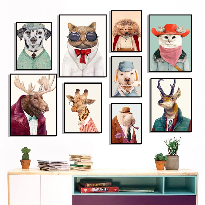 Настенная картина на холсте с лосями собаками кошками совой жирафом ежиком