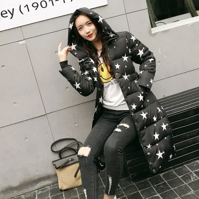 Black star ZVAQS Повседневная теплая женская зимняя куртка модное зимнее пальто с капюшоном и принтом женские длинные тонкие парки плотное манто Femme ST079 - Цвет: Black star