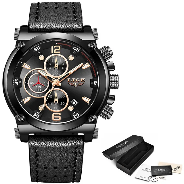 Black rose gold Relogio Masculino LIGE для мужчин s часы лучший бренд класса люкс мужская мода Бизнес водонепроницаемые кварцевые часы для мужчин повседневные кожаные часы - Color: Black rose gold