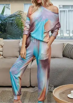 

Explosion models 2020 autumn women's gradient pajamas tie-dye long-sleeved trousers home service two-piece suit