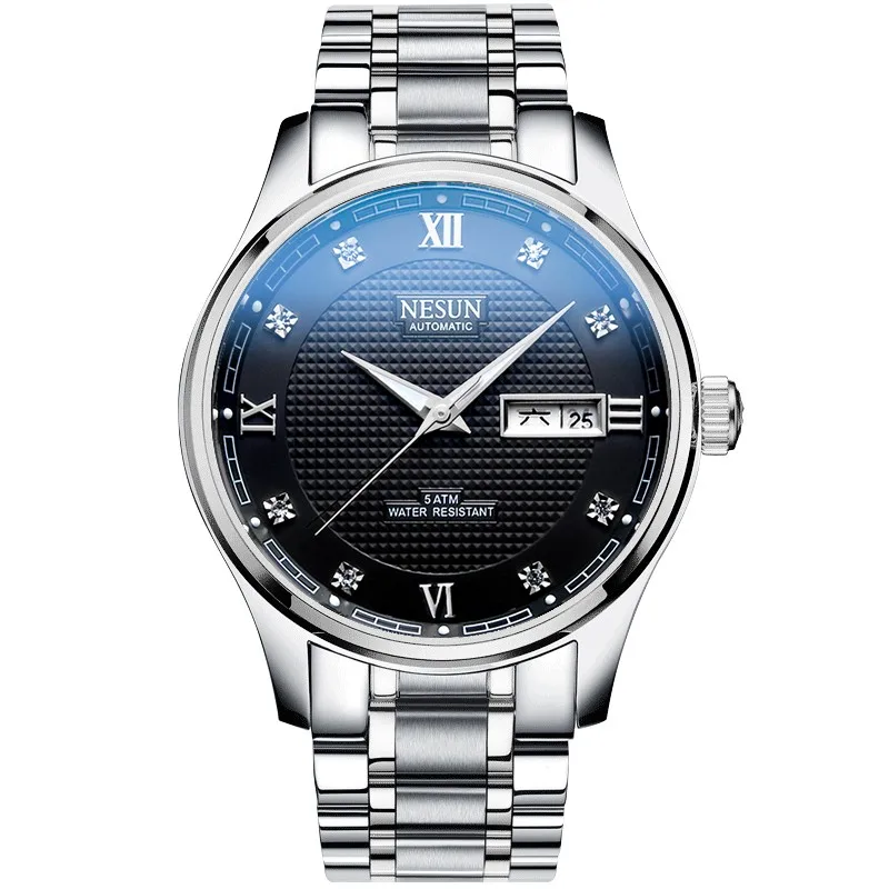 Silver-black-steel Nesun деловые мужские часы Топ бренд класса люкс автоматические механические наручные часы водонепроницаемые тонкие стальные Relogio Masculino 9121-8 - Цвет: Silver-black-steel