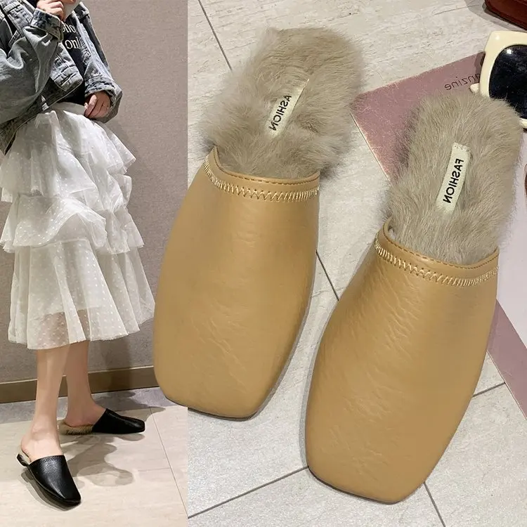 Зимние тапочки с квадратным носком; женские пушистые тапочки; теплая Модная пикантная женская обувь; домашние тапочки; женская обувь из искусственной кожи