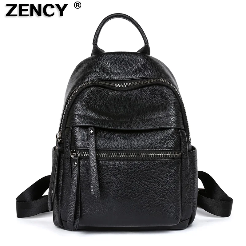 ZENCY High Quality Genuine Leather Black White Women Backpacks Lady Girl First Layer Cowhide Female School Book Style Backpack