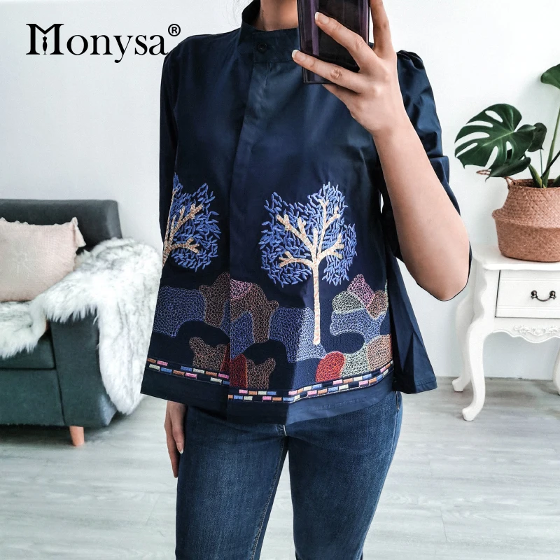 Embroidery Shirt Women Summer Autumn 2020 New Arrival Fashion 3/4 Sleeve Casual Blouses Ladies White Doll Shirt