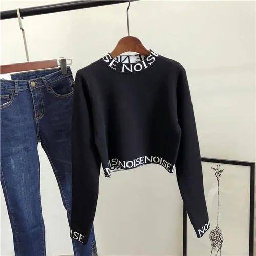 Korobov, уличная одежда, полуводолазка, свитер с вышитыми буквами, корейский короткий пуловер с длинным рукавом, модный Sueter Mujer 78686 - Цвет: black