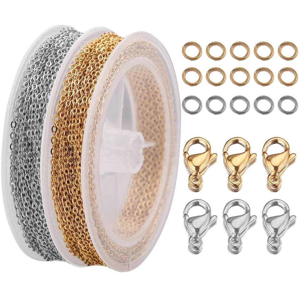 Rotolo di catena di gioielli in acciaio inossidabile placcato oro da 2 mm Collana con perline di smalto blu Catene artigianali fatte a mano sfuse  36