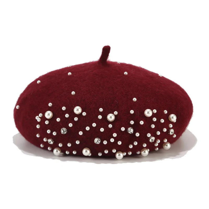wine red Новые шапки для женщин небольшой аромат жемчужный горный хрусталь шерсть Берет Корейская версия диких женщин осень и зима Милая Тыква шапки-береты - Цвет: wine red