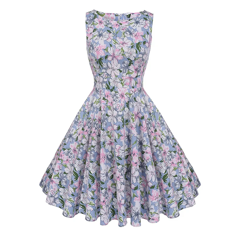 Kostlish Cotton Summer Dress Women 2017 Sleeveless Tunic 50s Vintage Dress Belt Elegant Print Rockabilly Party Dresses Sundress (46)