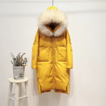 

White Oversized Winter Parka Duck Women Big Fur Collar Down Coat Hooded Puffer Jacket 0021 YY1510