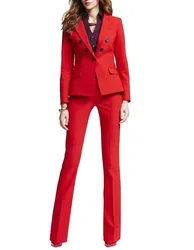 Autumn Winter Women Suits 2 Pieces Red Casual Notched Lapel V Neck Outfit for Office Lady Suit(Blazer+Pant)