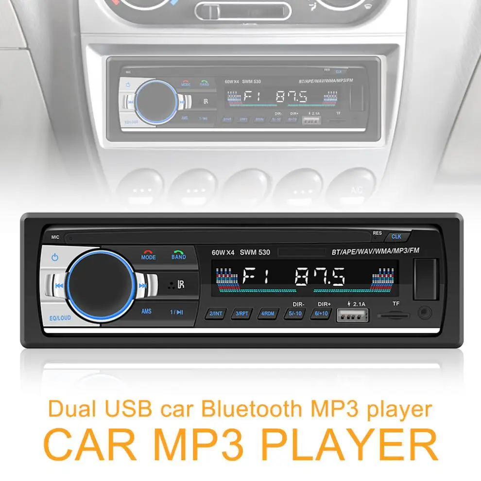 

12V 1 DIN In-Dash Bluetooth Car Stereo FM Radio MP3 Audio Player Support Hands-free Calls Aux Input SD TF Dual USB MP3 MMC