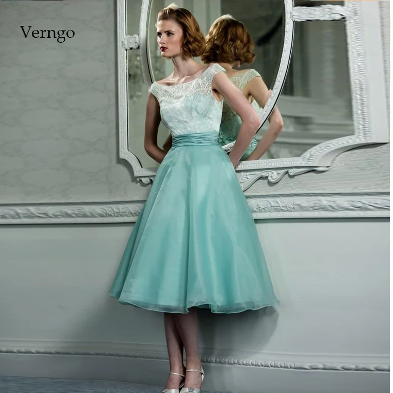 

Verngo Prom Dresses Short Simple Party Gown Green lace Appliques Prom Dress Evening Vestidos De Gala