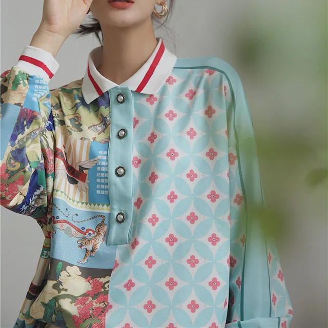 Spring and Autumn Long Sleeve Polo Blouse Women's Loose Chinese Style Splicing Retro Printed Shirt Women Plus Size Women Shirts 4