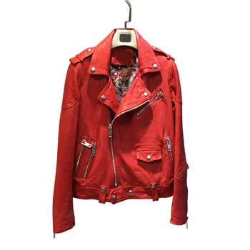 

2019 Fashion Moto & Biker Women Genuine Leather Jacket Casual Turn-down Collar Zipper Short Leather Coat