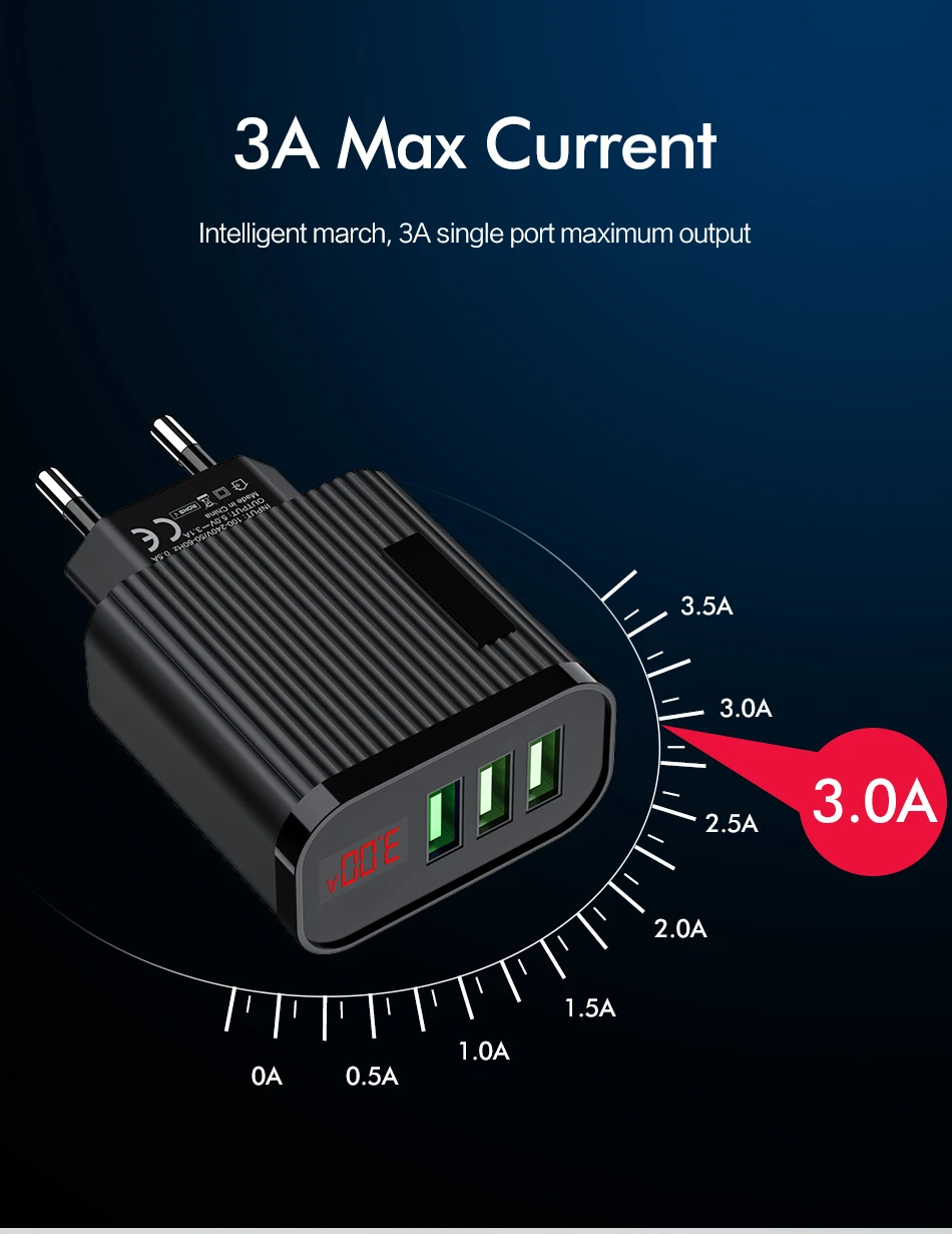 Универсальный светодиодный дисплей, 3 порта, USB зарядное устройство для телефона, 3 А, быстрая зарядка, штепсельная вилка европейского стандарта, дорожное настенное зарядное устройство для iPhone, samsung, Xiaomi, адаптер