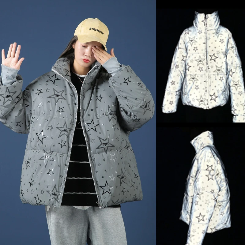 

2020 Winter New Light-Reflecting Puffer Jacket Print Thick Bubble Parka Warm Padded Luminous Coat Trend Zippers Polyester Casual