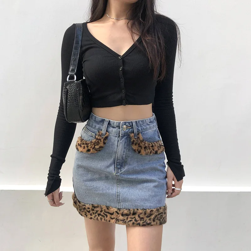 

Y2K High Waist Leopard Fur Patchwork Denim Skirt Women 90S Vintage Sexy Bodycon Skinny Pencil Mini Skirt Elegant Clothing Jeans