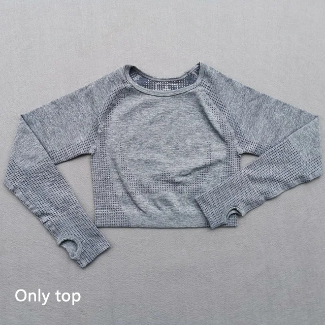 Gray blue top Женский спортивный костюм из 2 предметов, футболки с длинным рукавом, укороченный топ, бесшовные Леггинсы для йоги, комплект для йоги, одежда для спортзала, фитнес-костюм, комплект для тренировок - Цвет: Gray blue top