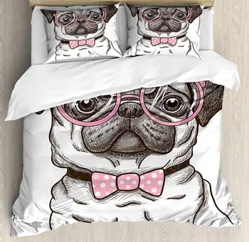 

Pug Duvet Cover Set Pet Dog with Pink Bow Tie Oversized Glasses Hand Drawn Domesticated Decorative 3 Piece Bedding Set