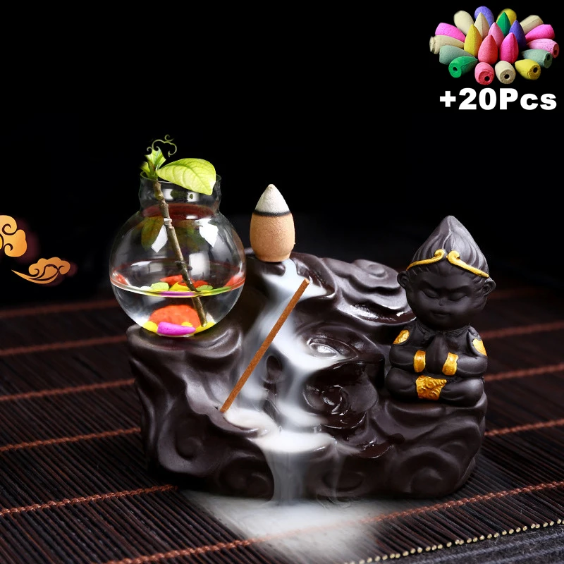20 Incense Cones Backflow Incense Burner Monkey King Buddha Incense Censer Kungfu Tea Pet Hydroponic Glass Vase Flower Pot