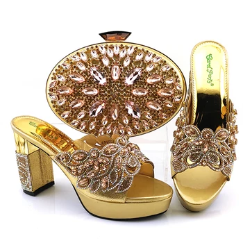 

Gold Color shoes and bag set crystal applique bag Matching shoes set new arrival Italian Designed shoes and bags for women