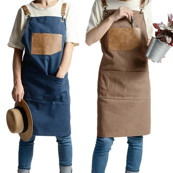 

New Adjustable PU Leather Canvas Apron Coffee Shop Barber Bib Cooking Kitchen Aprons For Woman Man Chef Works Handmade Overalls