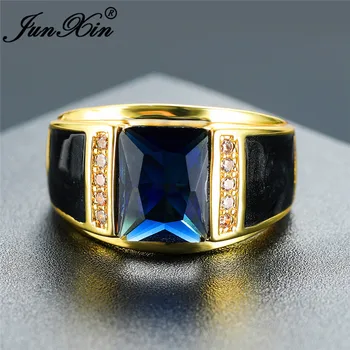 

Luxury Male Geometric Blue Stone Wedding Rings For Men Women Yellow Gold Ring Vintage Engagement Ring Zircon Mens Party Jewelry