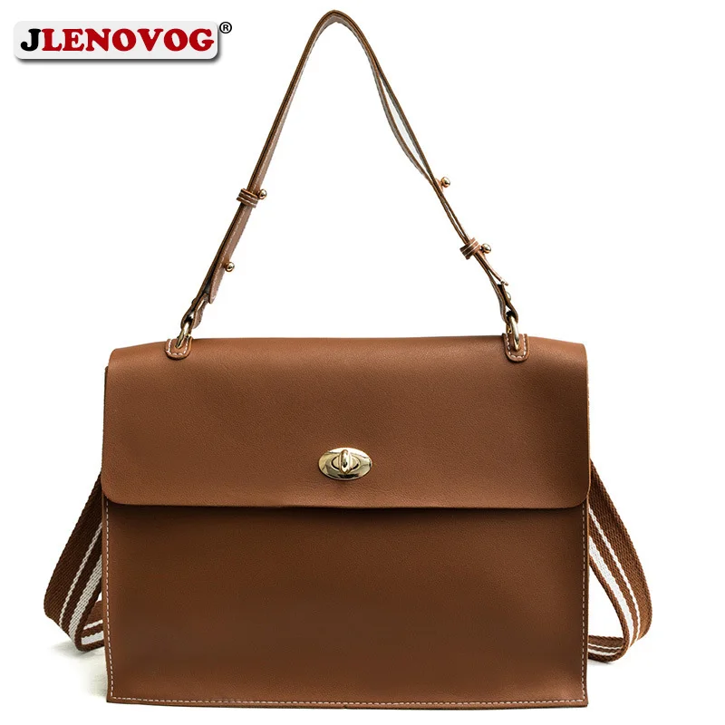 

2019 Woman Briefcase Bag Leather Handbags Ladies Vintage PU Shoulder Bag Crossbody Satchels Office Document Bag Wide strap Purse