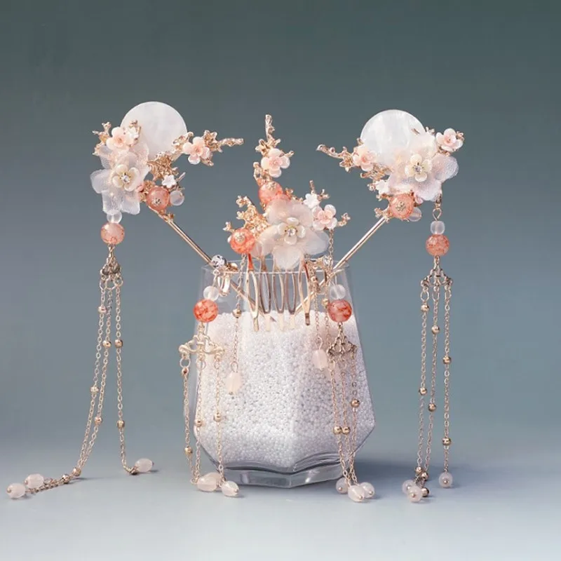 Chinese Hair Accessories Women Flower Pearls Hairpins Long Tassel Headpieces Sticks Hair Comb Bridal Jewelry Sets bridal jewelry sets