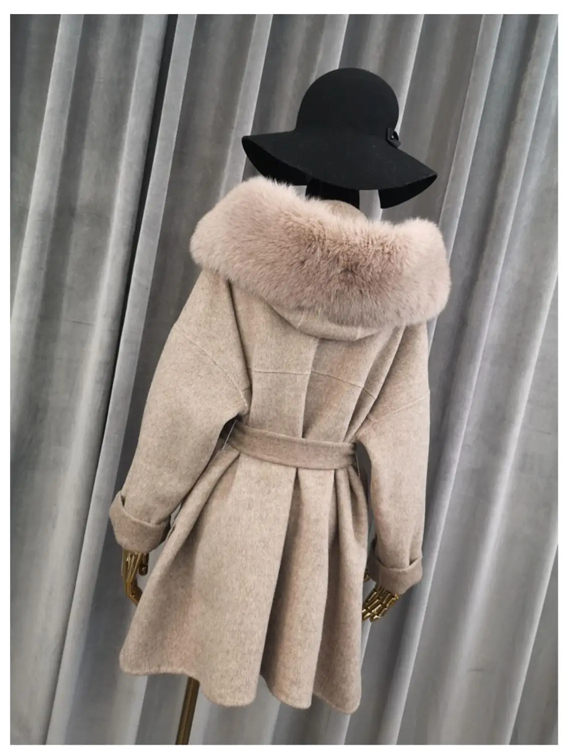 Длинное кашемировое пальто в Корейском стиле с отделкой из натурального Лисьего меха, теплое плотное пальто с большими карманами, Женская шерстяная верхняя одежда, зимнее пальто - Цвет: Шампанское