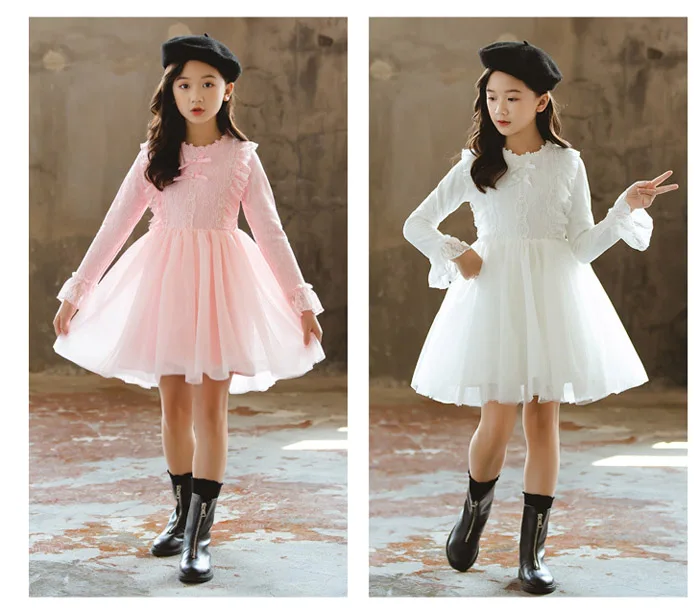 Утепленное платье для девочек розового и белого цвета на зиму, платья с длинными рукавами для малышей, осенне-осенние детские праздничные платья на свадьбу для детей 4, 6, 8, 10, 12 лет